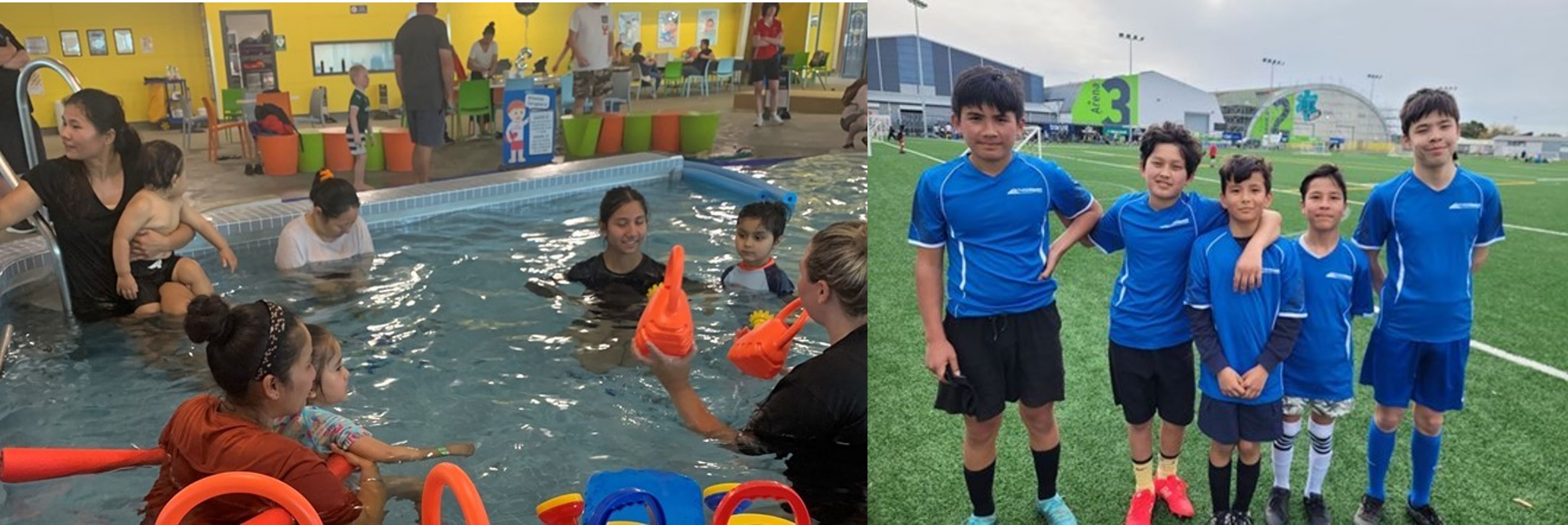 Kids with parents in a pool and on a field