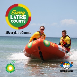 Two people in a surf lifesaving boat out on the water